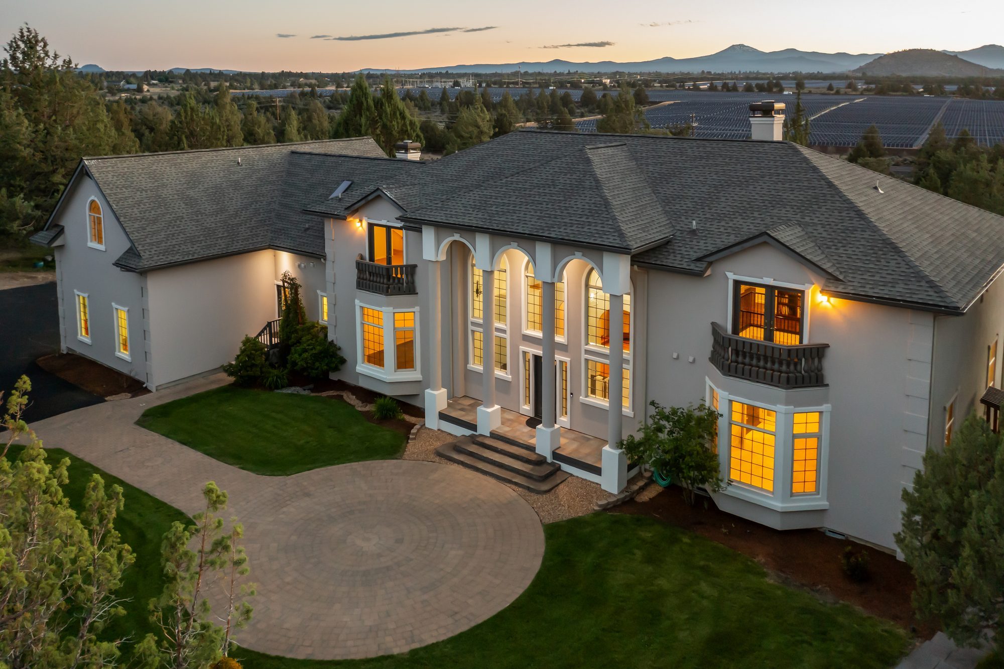 62354 Erickson Road front elevation at twilight